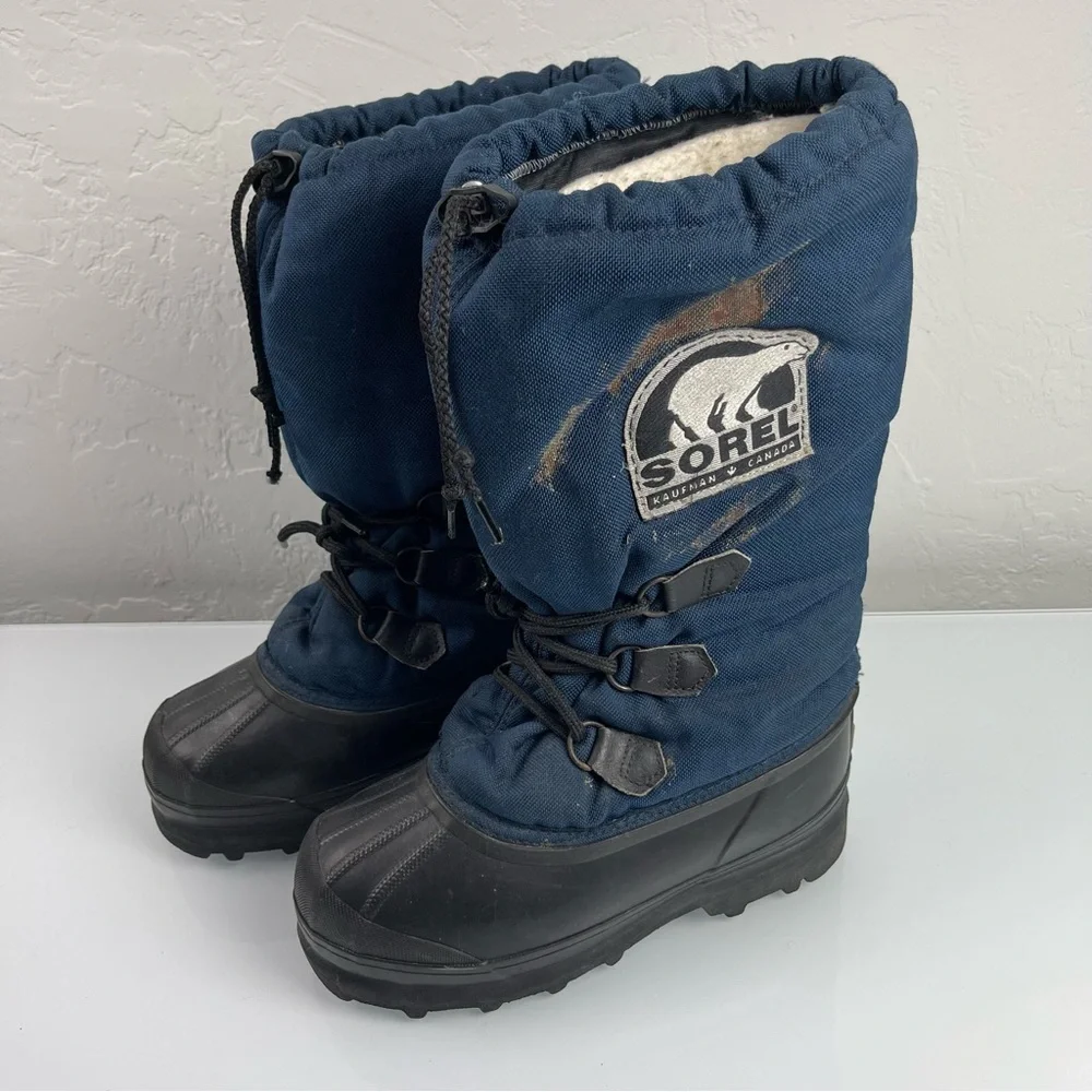 VTG‎ Sorel Boots Winter Snow Arctic Heavy Lined Blue Black Lace Up Heavyweight